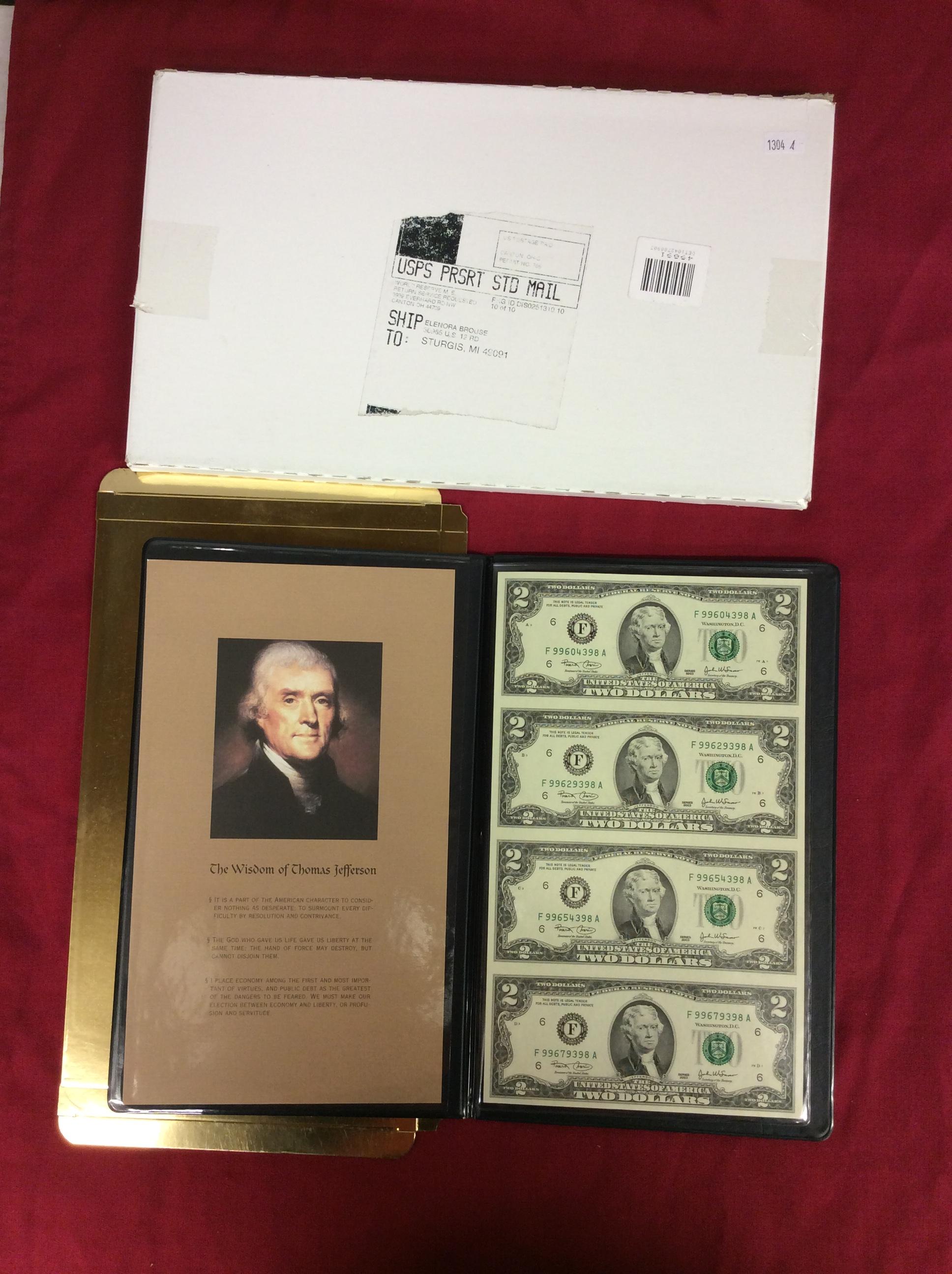 2 Partial Sheets of 2003 $2 Bills (8 bills total)