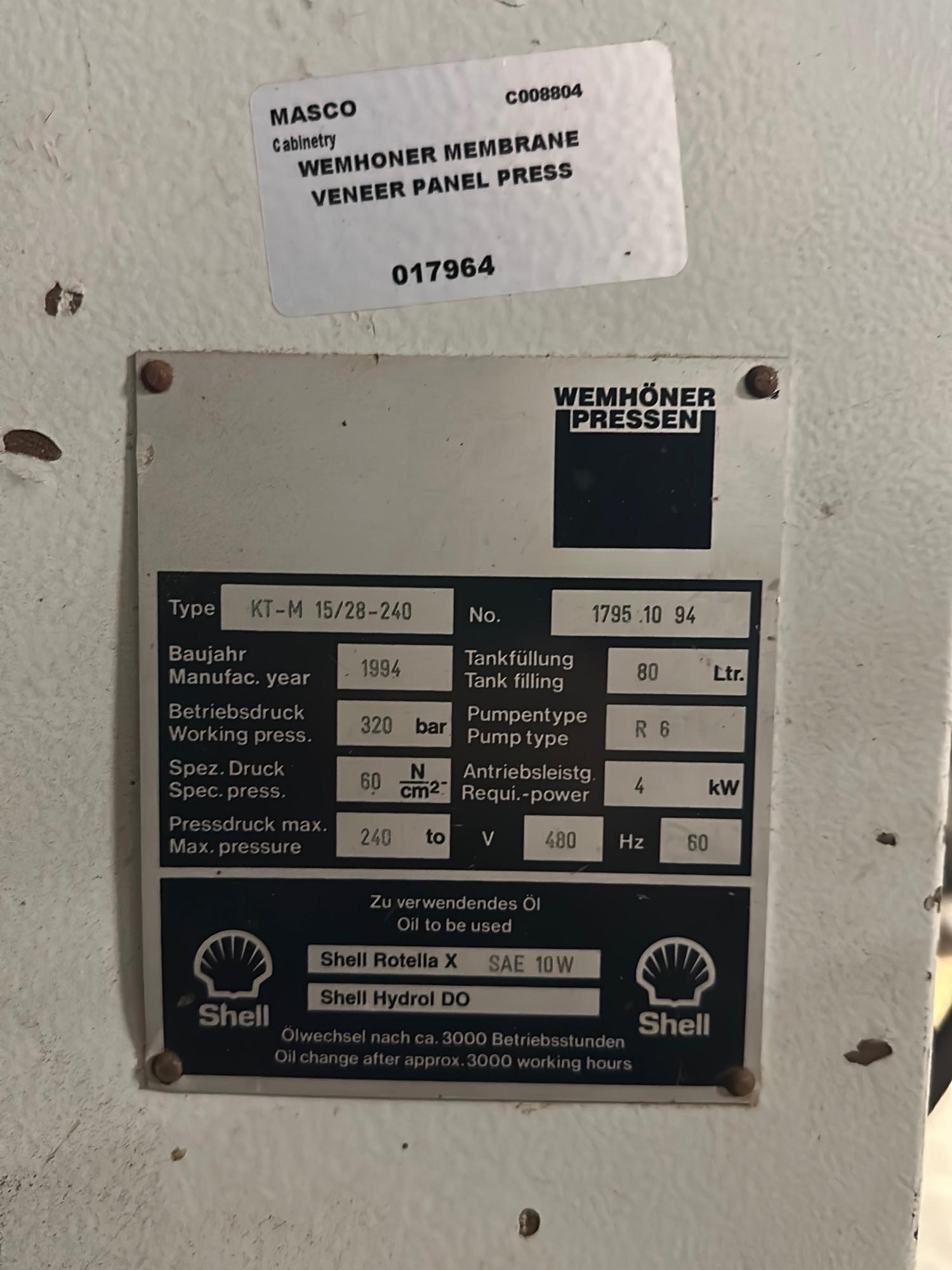 1994 Wemhoner Membrane Press Model KTM15/28-240 Serial 1795.10.94 NOT OPERA