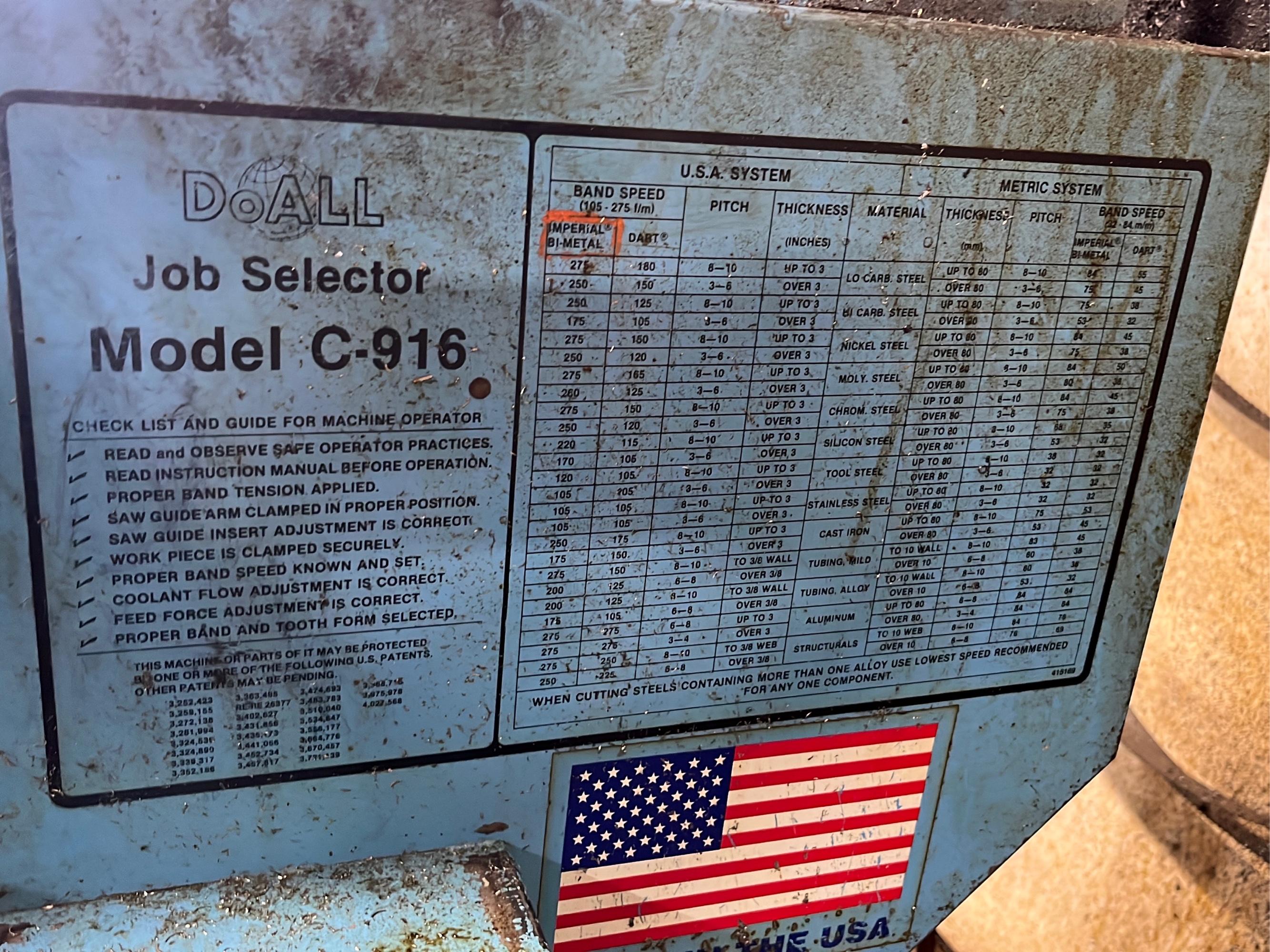 DoAll model C-916a horizontal band saw, feed stock roller not included - A $200 Rigging fee will be