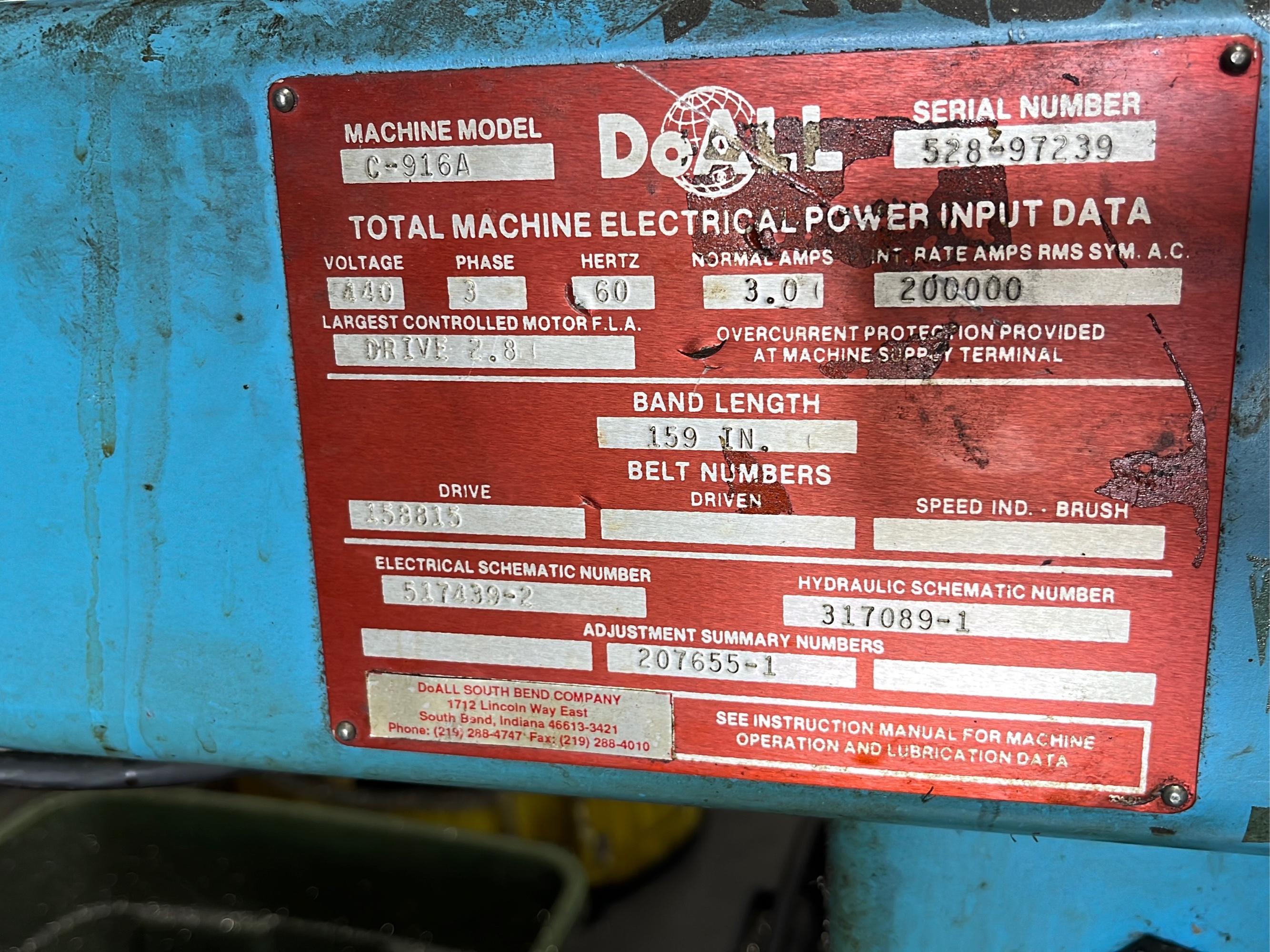 DoAll model C-916a horizontal band saw, feed stock roller not included - A $200 Rigging fee will be