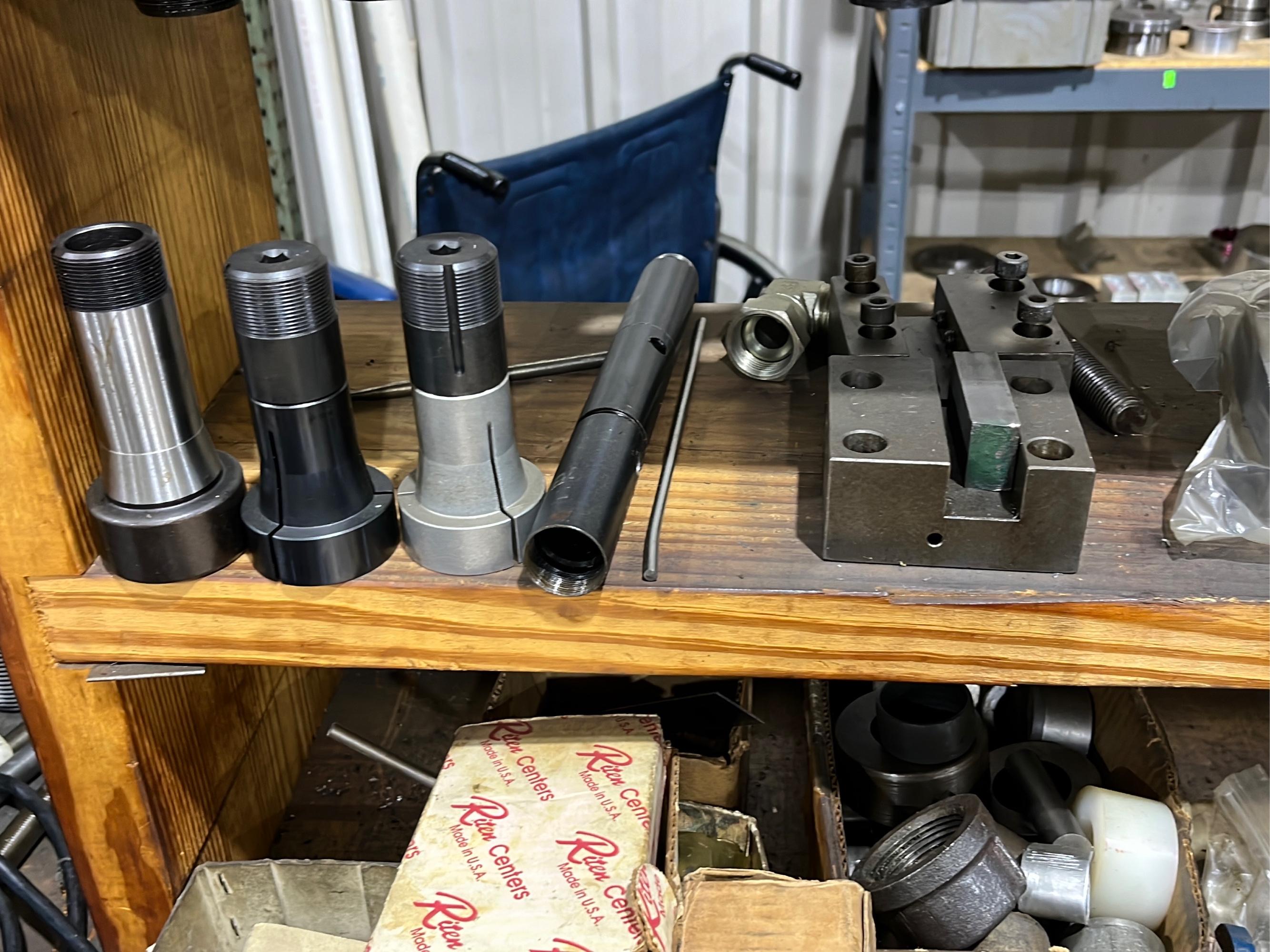 Work Bench and Cabinet w/ 5c collets, tooling, 4.5" visc - table 70x34x33"
