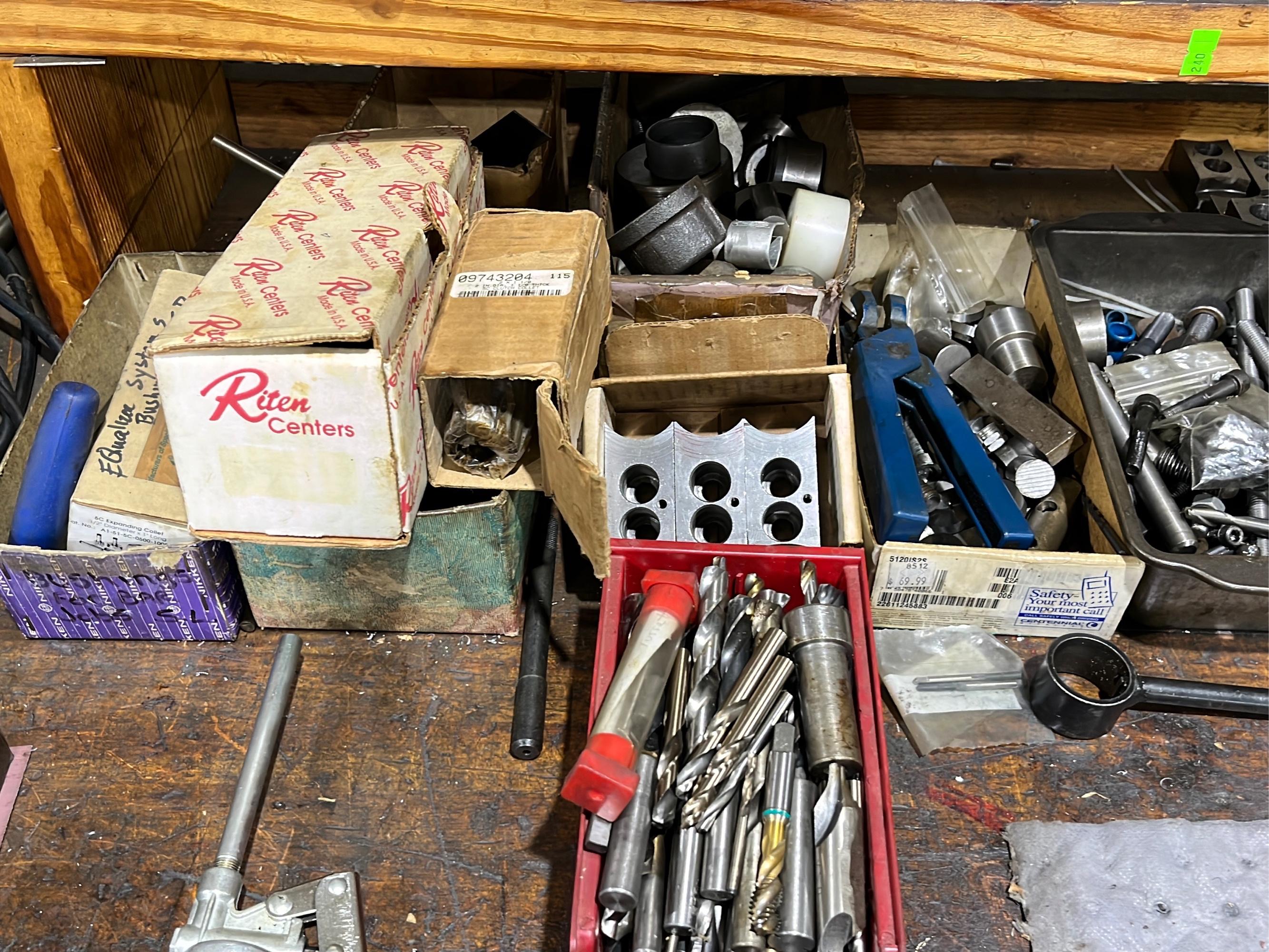 Work Bench and Cabinet w/ 5c collets, tooling, 4.5" visc - table 70x34x33"