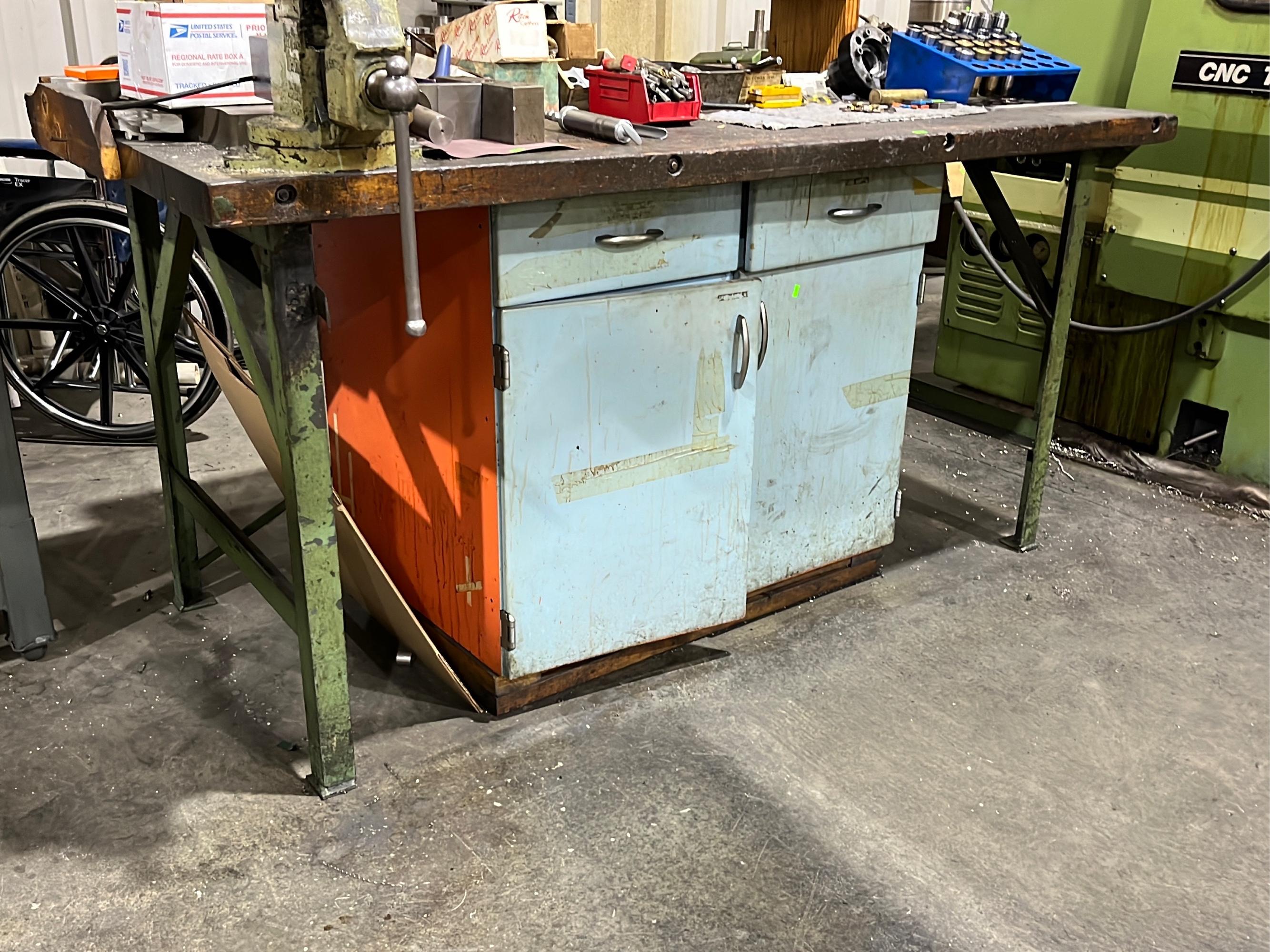 Work Bench and Cabinet w/ 5c collets, tooling, 4.5" visc - table 70x34x33"