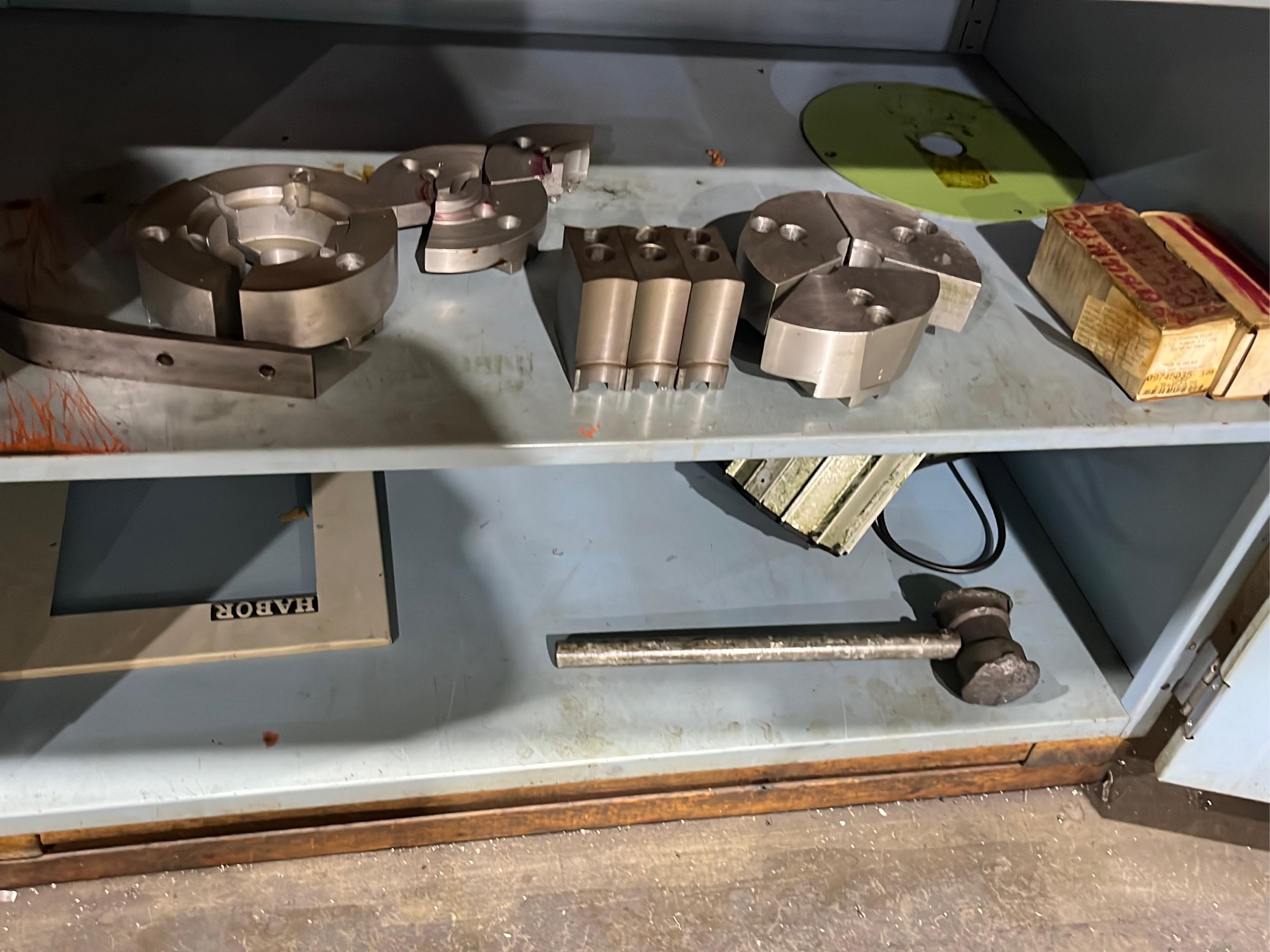 Work Bench and Cabinet w/ 5c collets, tooling, 4.5" visc - table 70x34x33"