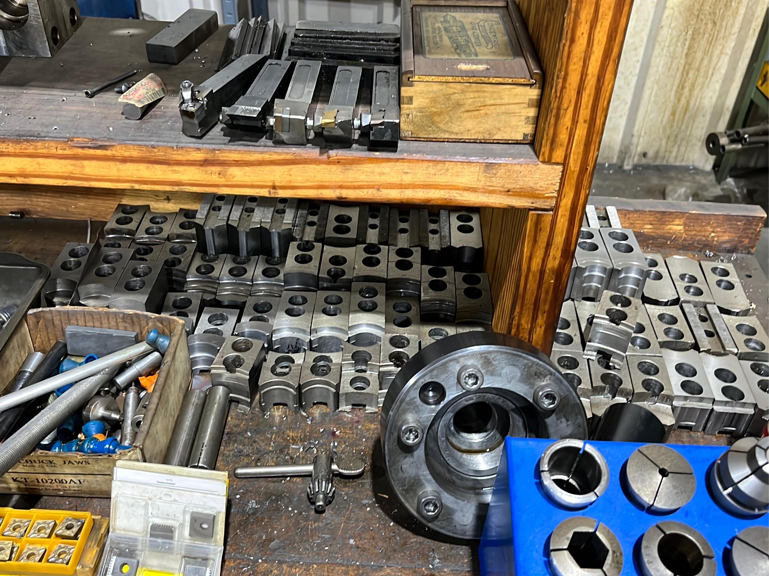 Work Bench and Cabinet w/ 5c collets, tooling, 4.5" visc - table 70x34x33"