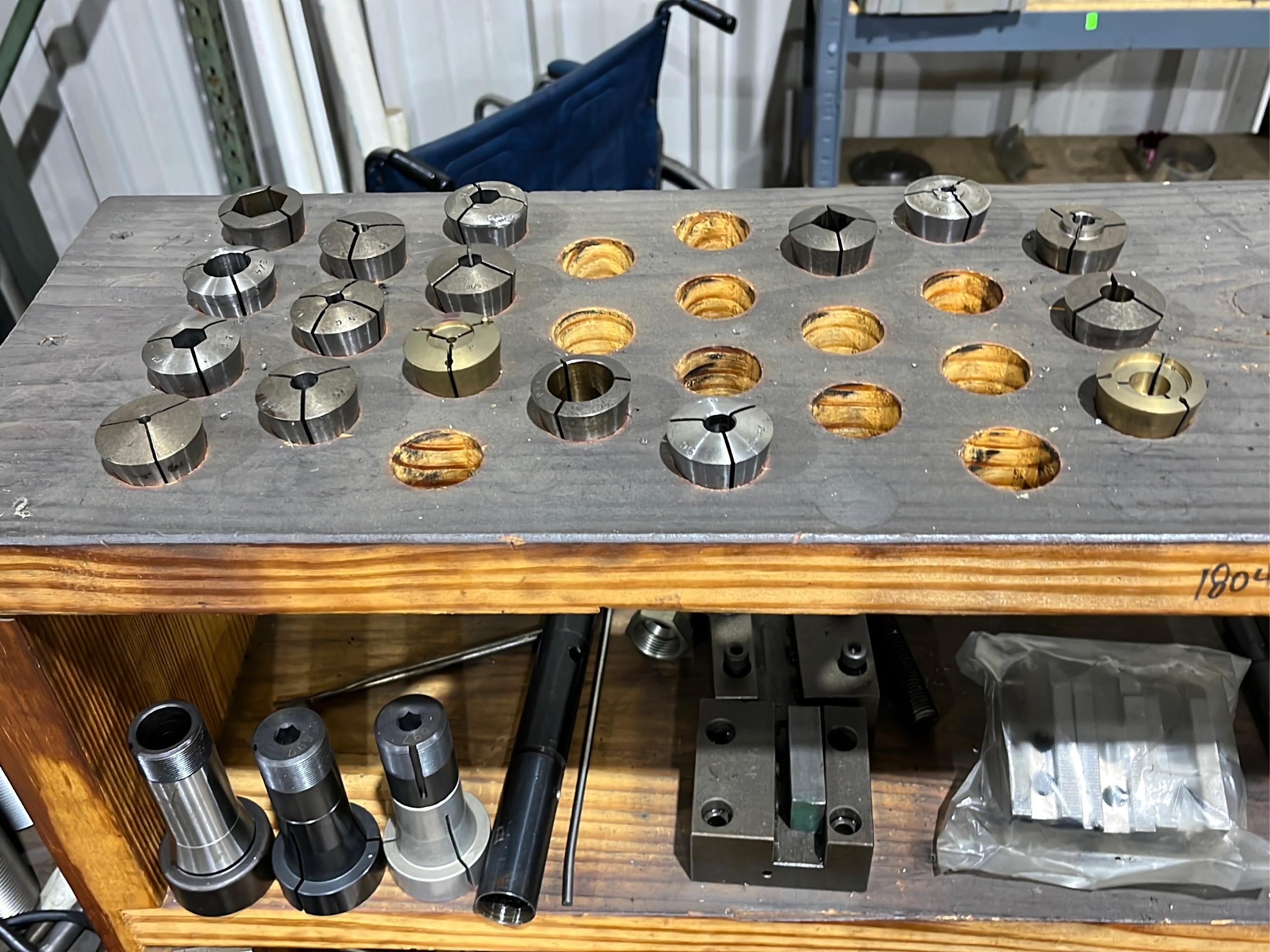 Work Bench and Cabinet w/ 5c collets, tooling, 4.5" visc - table 70x34x33"