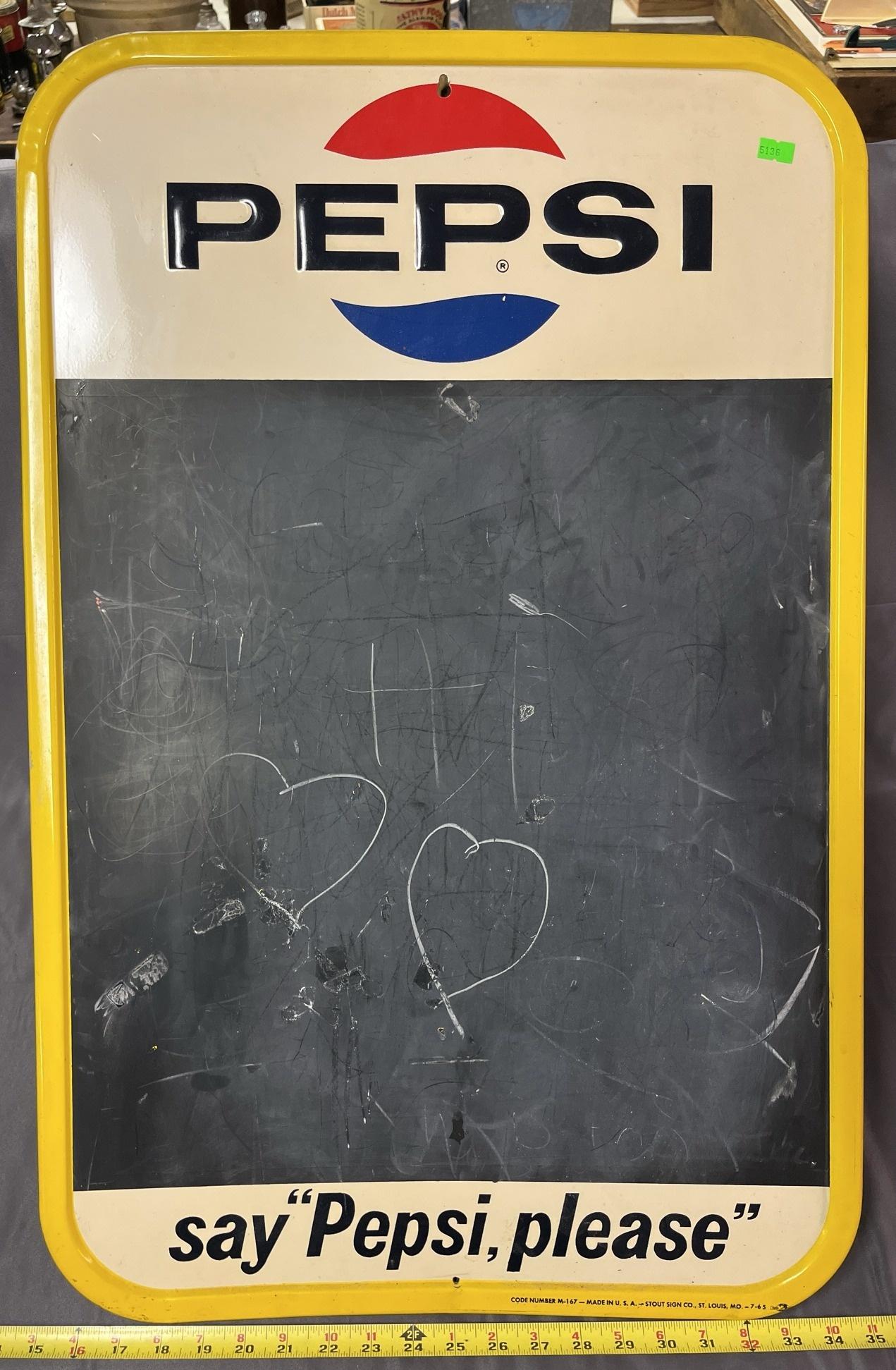 Pepsi "Say 'Pepsi, Please" Chalkboard Message Board M-167, Made in USA by Stout Sign Co., St. Louis,