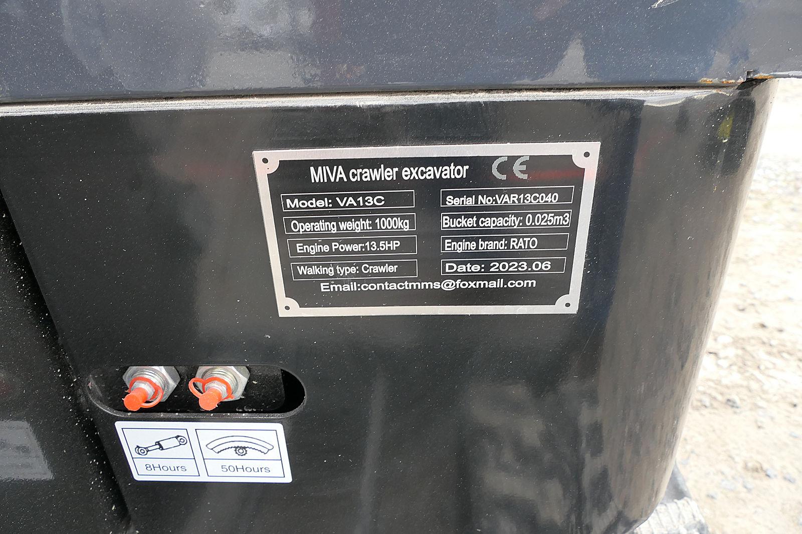 2023 Miva VA13C Mini Excavator, SN:VA13C040, Gas, Cab, Thumb, UNUSED. (tax)