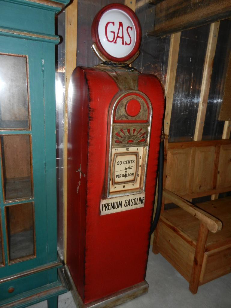 Gas Pump Wooden Cabinet look-a-like w Clock Face, Gas Hose & Lighted Globe 74"tallx16"deepx18wide