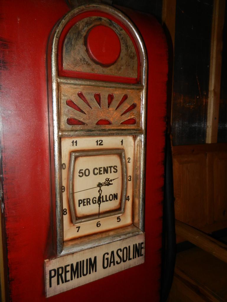 Gas Pump Wooden Cabinet look-a-like w Clock Face, Gas Hose & Lighted Globe 74"tallx16"deepx18wide