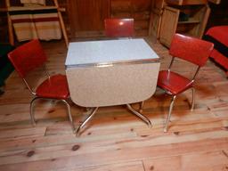Retro Small Formica & Chrome Table w three Red Chairs 32" tall