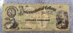 1870 $20 INTERNATION COLLEGE BANK OF NEW YORK NOTE (BRYANT STRATTON & CO.)