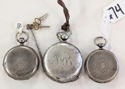 3 COIN & FINE SILVER POCKETWATCHES (ESTIMATE OF 4-6 OUNCES OF SILVER)