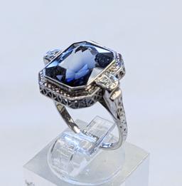 STUNNING VINTAGE 6.6 CARAT EMERALD CUT CEYLON SAPPHIRE 14K WHITE GOLD FILIGREE RING