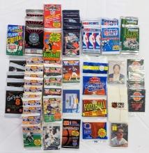 LOT OF 51 VINTAGE UNOPENED PACKS OF FOOTBALL, BASEBALL, BASKET BALL, HOCKEY & NASCAR CARDS