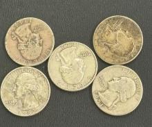 LOT OF 5 SILVER QUARTERS