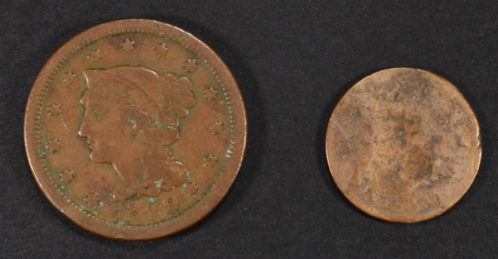 1849 LARGE CENT, VG & 1876 INDIAN CENT, AG