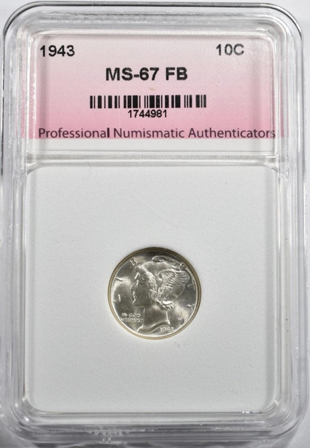 1943 MERCURY DIME PNA SUPERB GEM BU FB