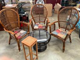 Three Rattan Chairs, Round Table, Plant Stand