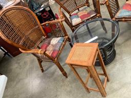 Three Rattan Chairs, Round Table, Plant Stand