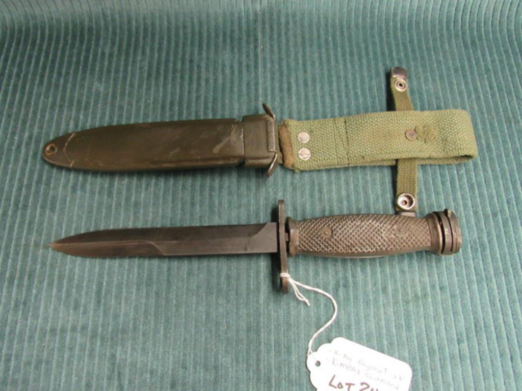 Military bayonet and sheath, bayonet is marked K-M4 6 3/4" blade and