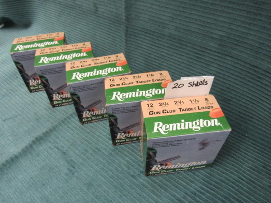 5 boxes of Remington 12ga 2 3/4" 8 shot, 4 bxs with 25rds, 1bx with 20rds