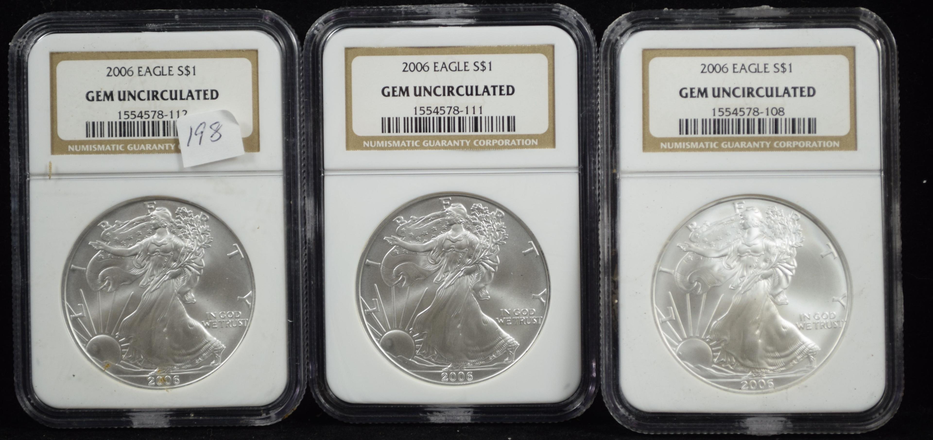 2006 3 American Silver Eagles GEM UNC NGC
