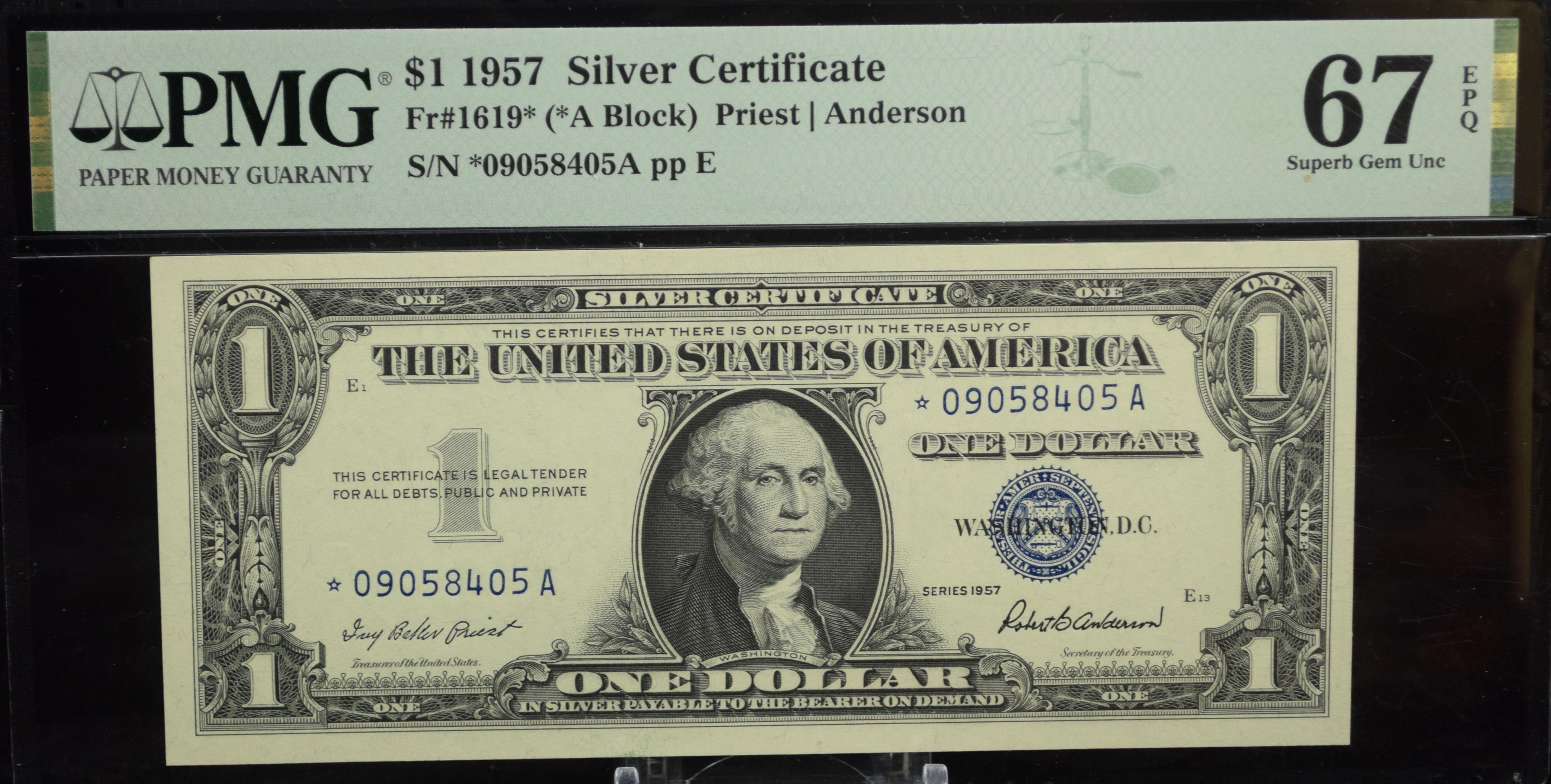 $1 1957 Silver Certificate 09058405A PMG67EPQ GEM