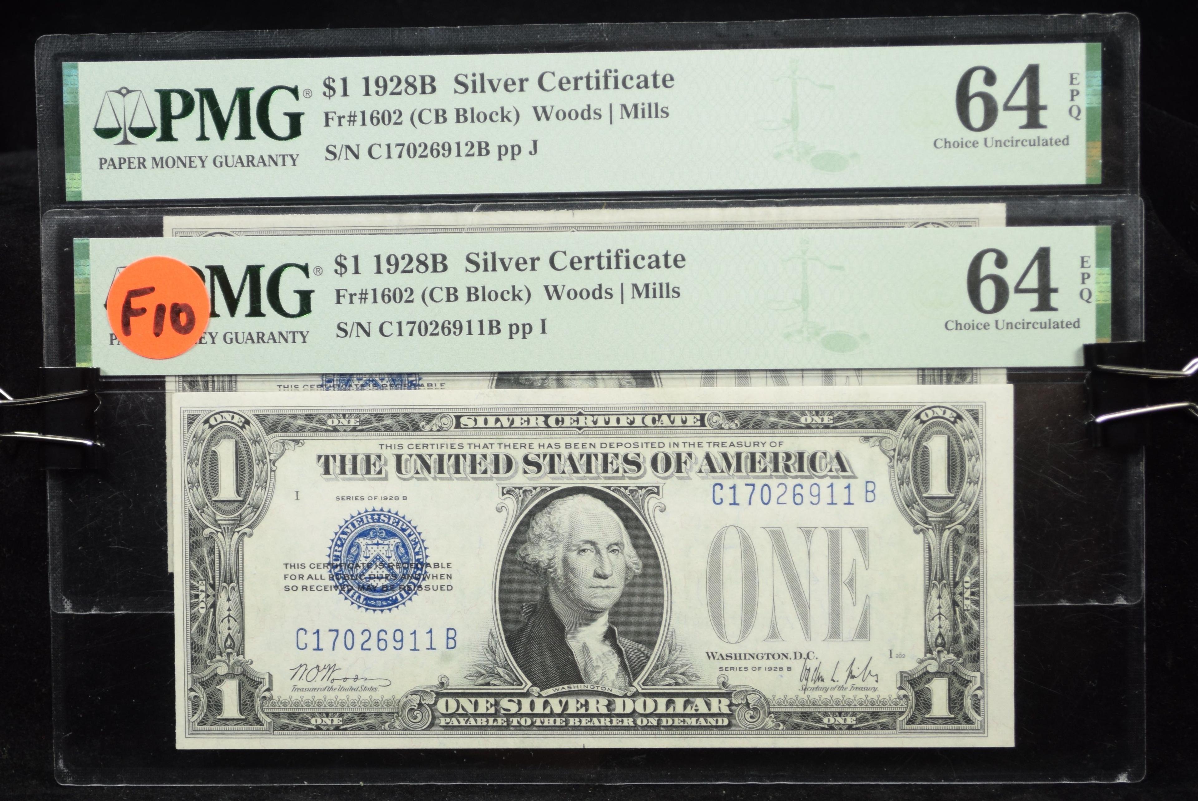 2 $1 Consecutive # Silver Certificates PMG 64EPQ F10