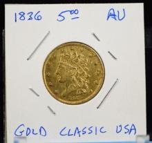 1836 $5 Gold Classic Head AU