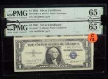 1957 $1 Silver Certificates 2 Notes Consecutive PMG65EPQ G12