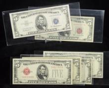 $5 US Red Notes 5 Notes & 1 $5 US Blue Seal