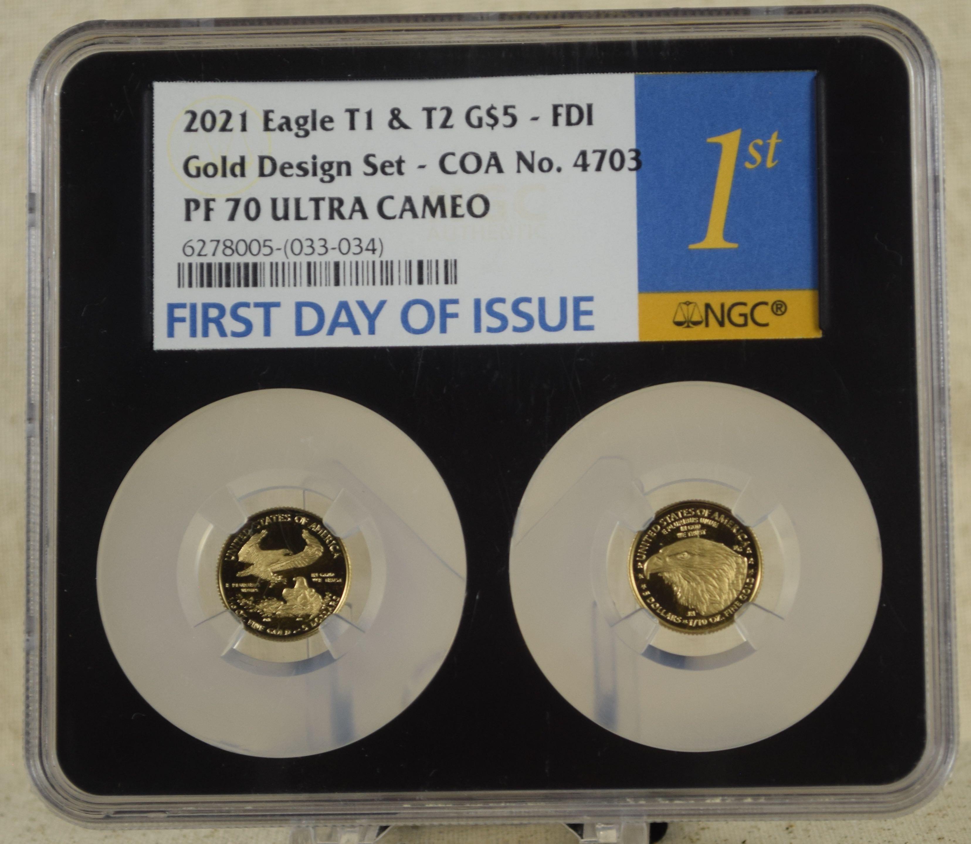 2021 Type1/2 $5 Gold Eagles PF70 UC 1st Day Issue