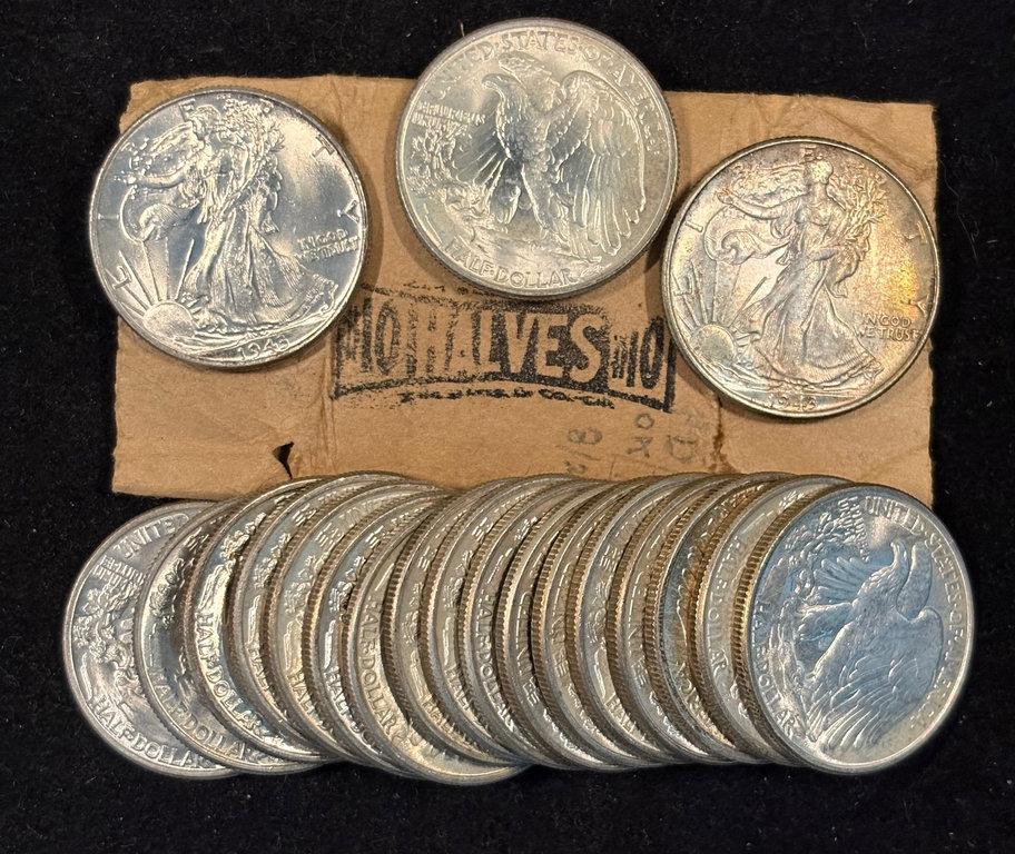 Roll of Original 1943 Walking Half Dollars Very CH