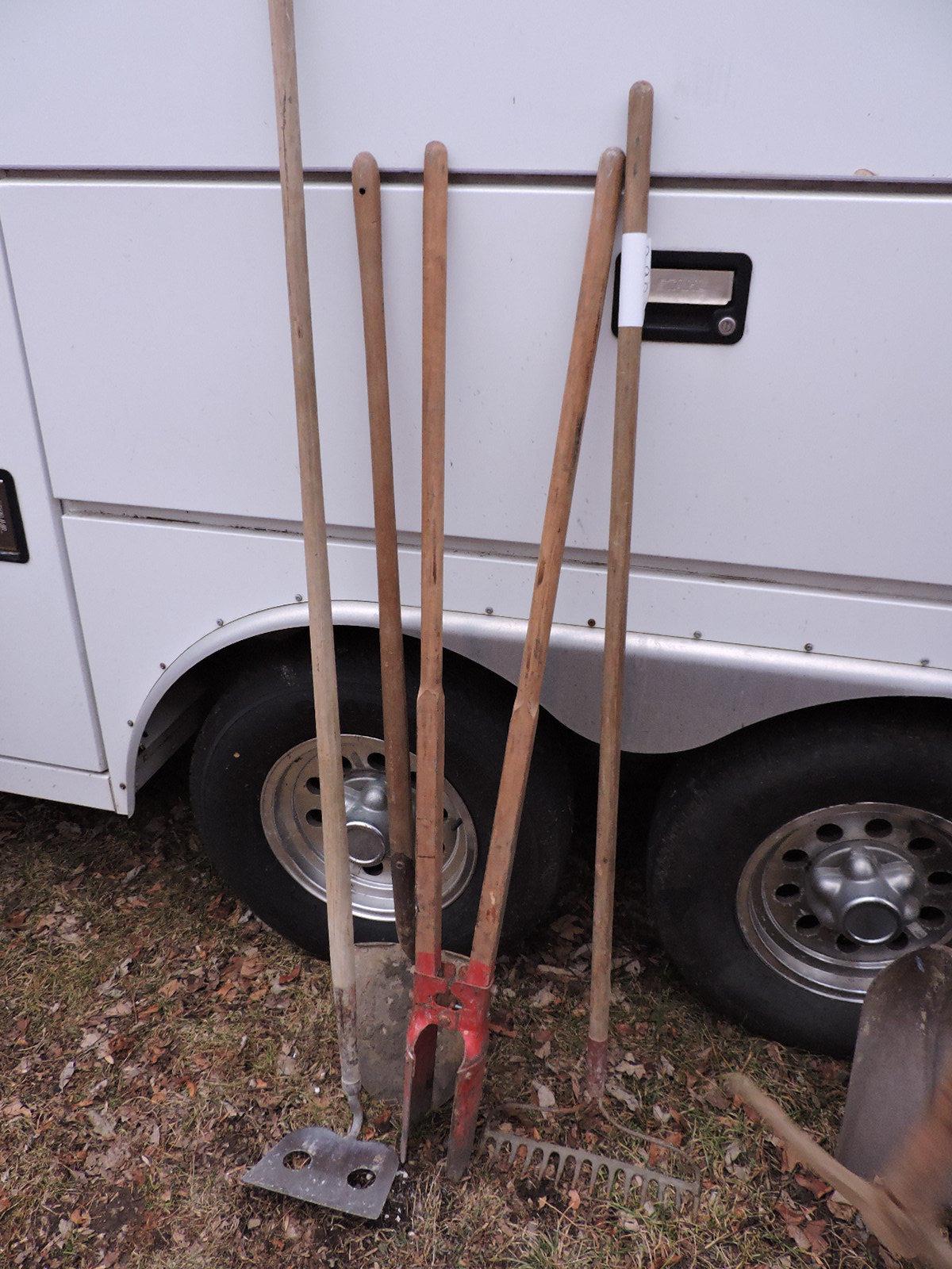 Post Hole Digger, Cement Trough Hoe, Rake & Shovel