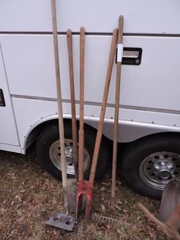 Post Hole Digger, Cement Trough Hoe, Rake & Shovel