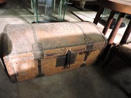 Lot of 3 Antique Items - Trunk, Tall Stool and Foot Rest