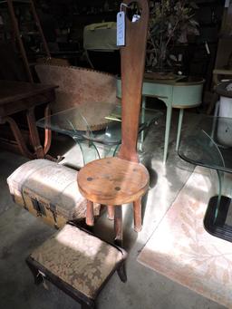 Lot of 3 Antique Items - Trunk, Tall Stool and Foot Rest