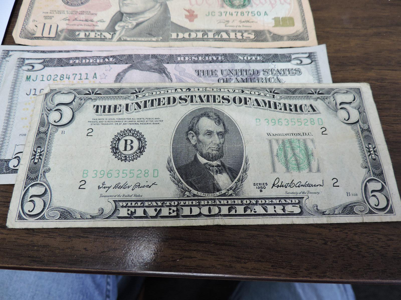 3 Five-Dollar Bills, 1 Ten and 1 Twenty