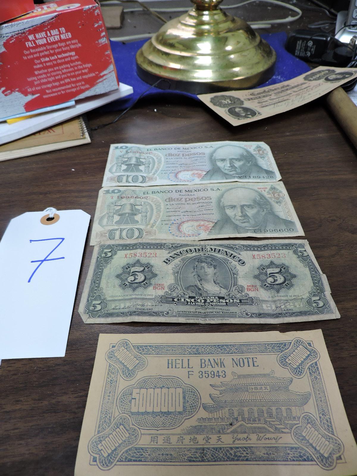 3 Mexican Peso Bills and One Chinese 500,000 Hell Bank Note Bill