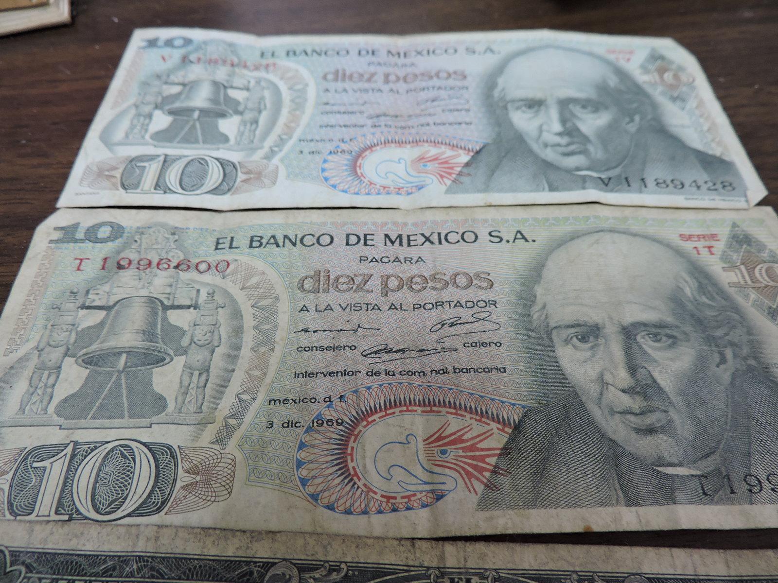 3 Mexican Peso Bills and One Chinese 500,000 Hell Bank Note Bill