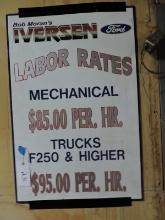 Vintage "Iversen Ford" Dealership Sign - LABOR RATES - Metal, 24" X 36"