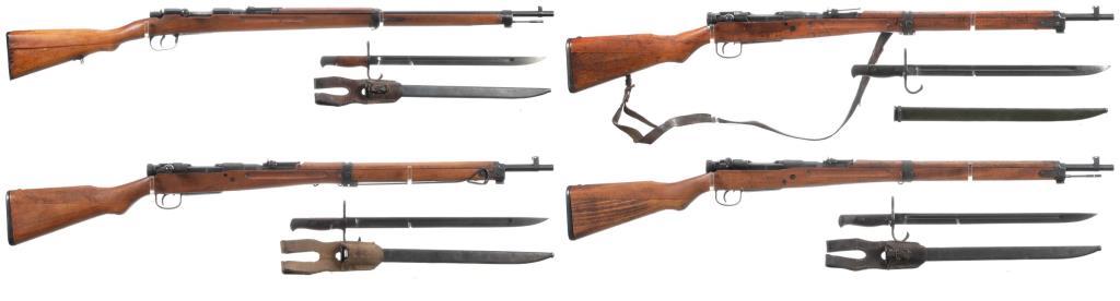 Four Japanese Military Bolt Action Rifles with Bayonets
