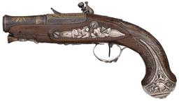 Gold Embellished Silver Mounted French Flintlock Pocket Pistol