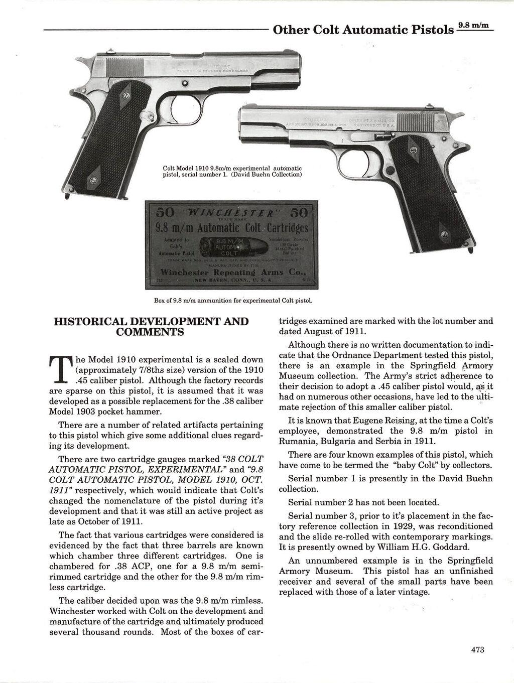 Experimental Colt Model 1910 9.8 MM Pistol Serial Number 4