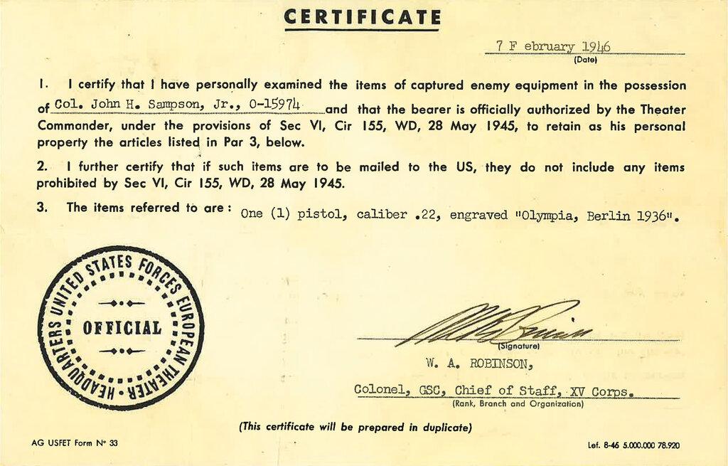 Eric Krempel 1936 Berlin Olympics Free Pistol with Documentation