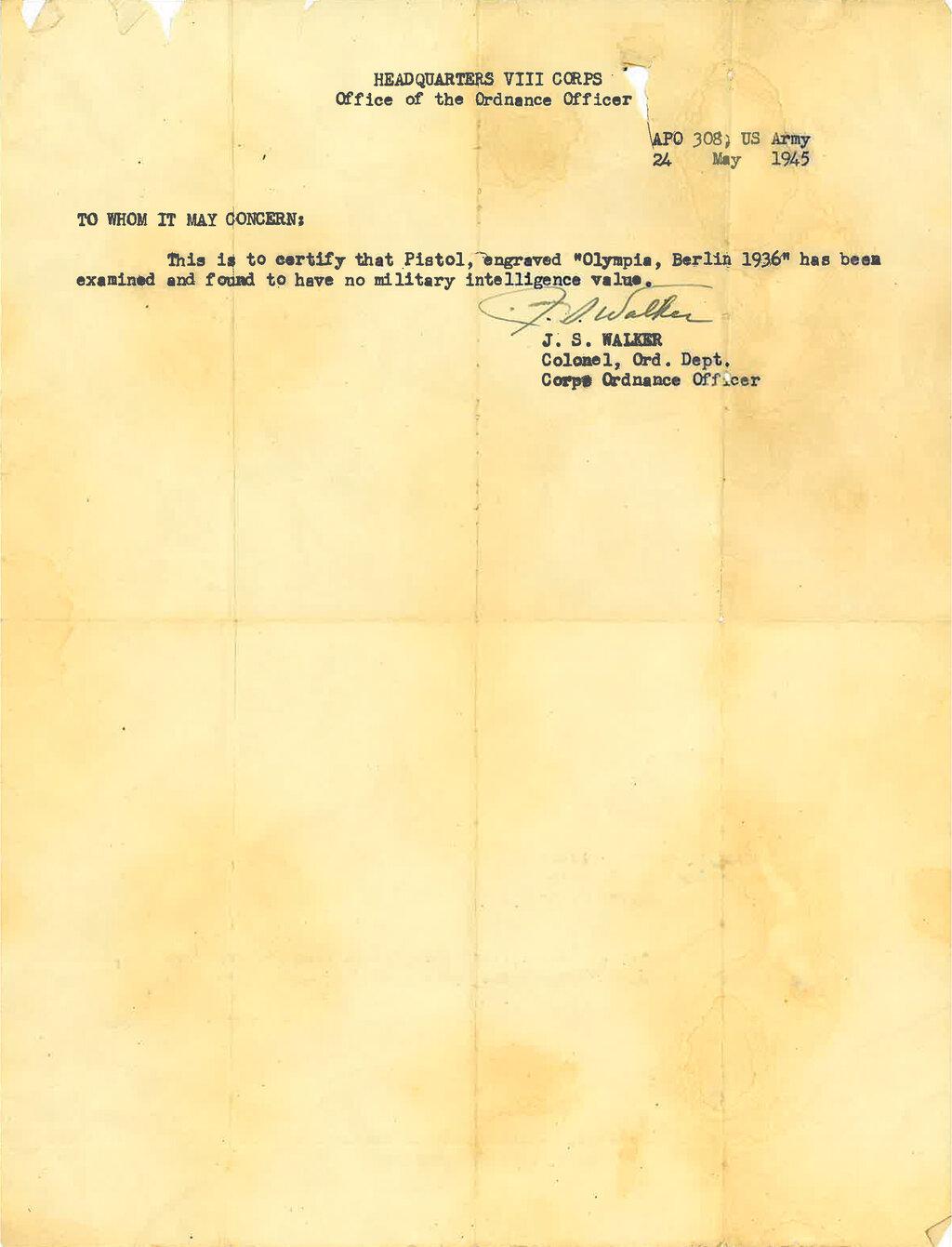 Eric Krempel 1936 Berlin Olympics Free Pistol with Documentation