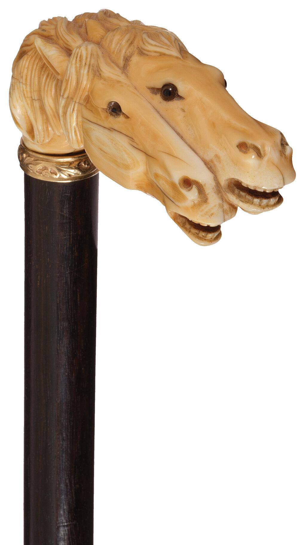 Relief Carved Double Horse Head Cane with Gilt Band