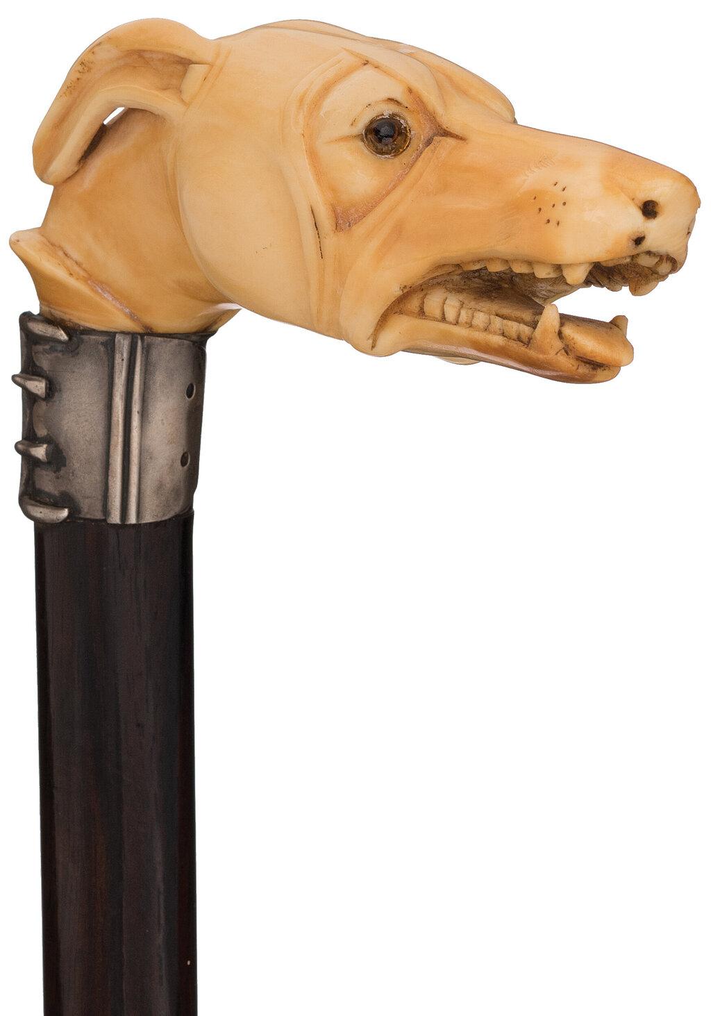 Relief Carved Hound Head Cane with Silver Band