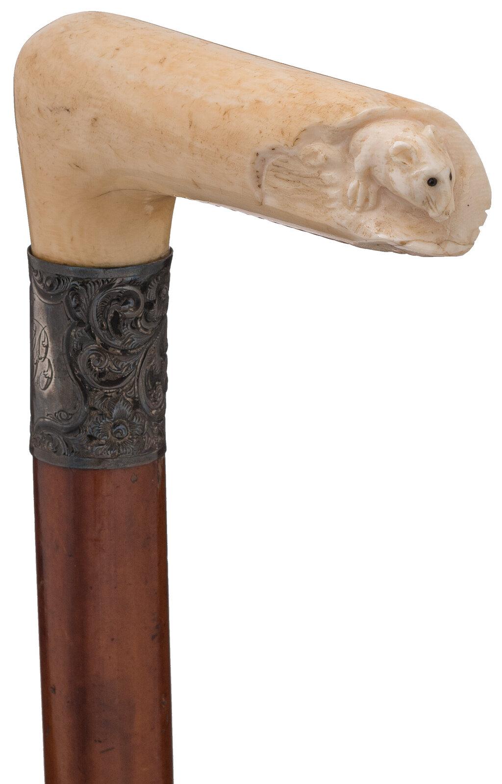 Relief Carved Mouse in a Log Cane with Silver Band